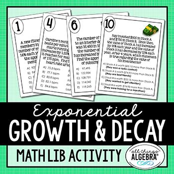 Exponential Growth and Decay Applications Math Lib by All Things Algebra