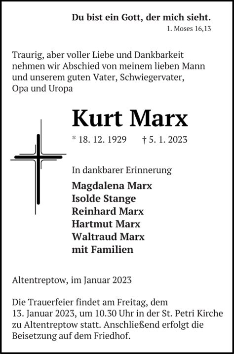 Traueranzeigen Von Kurt Marx Trauer Nordkurier