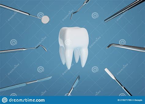 Imagem De Um Dente Sobre Fundo Azul Com Ferramentas Dentárias 3d Renderização Ilustração Stock