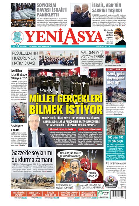 Yeni Asya Gazetesi 16 Ocak 2024 Salı Günü Manşeti