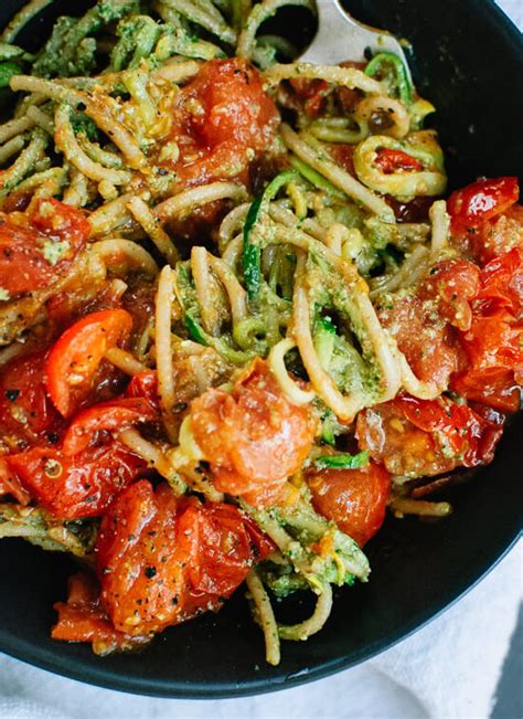 Vegetarian Pesto Squash Noodles And Spaghetti With Burst Cherry Tomatoes Recipe Cookieandkate