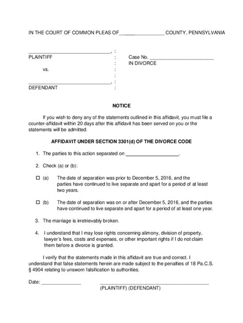 Fillable Online Form Affidavit Under Section D Of The Divorce