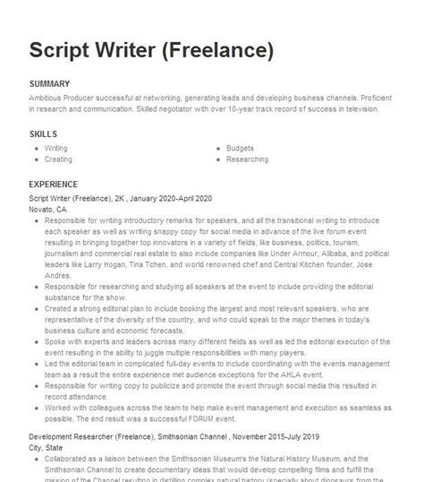 Script Writer Resume Example