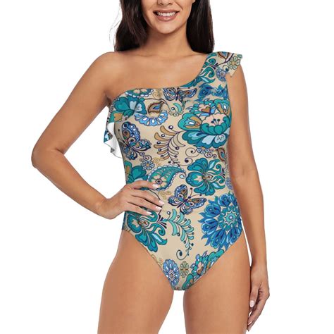 Easygdp Vintage Floral Butterflies Womens One Shoulder Ruffle Monokini