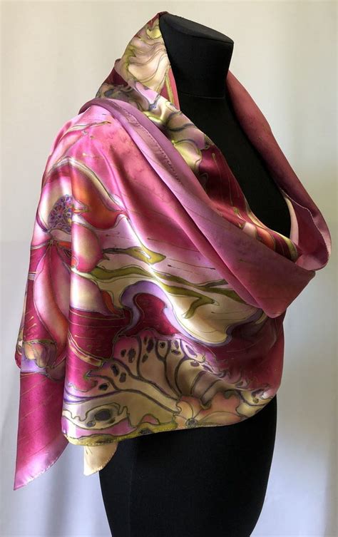 Silk Scarf Lotus Hand Painted Burgundy And Ocher Silk Scarf Etsy