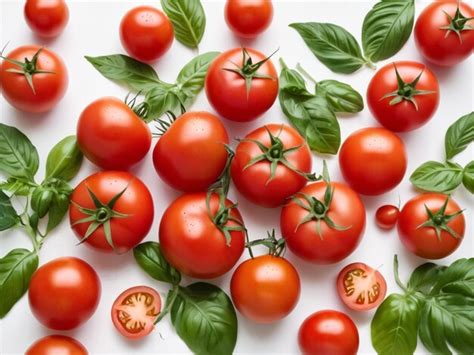 Photo Many Fresh Ripe Tomatoes And Green Leaves Falling On White