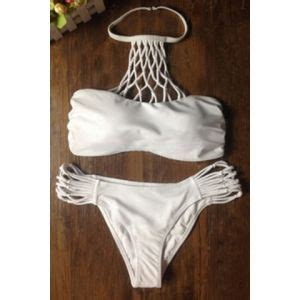 White M Sexy Halter Hollow Out Solid Color Bikini Set For Women