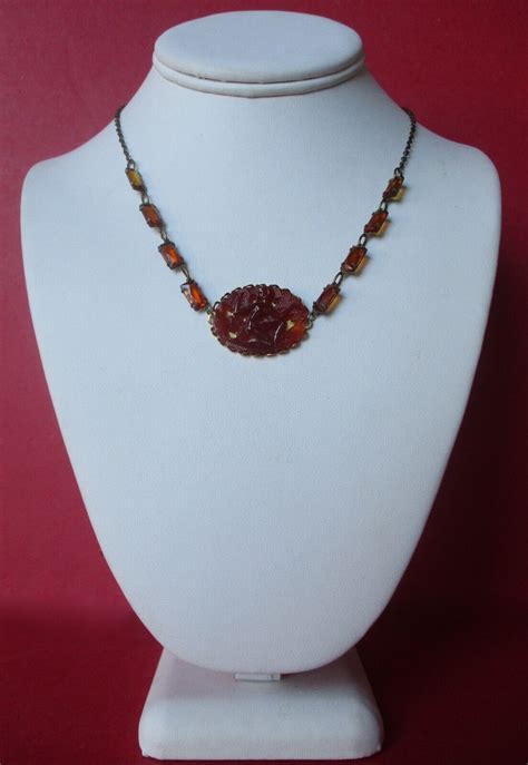 Antique Art Deco Amber Glass And Paste Brass Necklace Gem