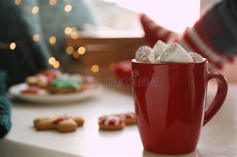 Cup Of Delicious Hot Cocoa With Marshmallows On Table Winter Drink