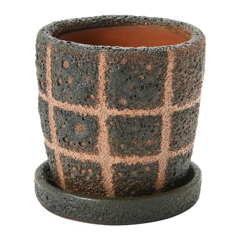 Bloomingville Terra Cotta Planter With Saucer And Grid Pattern Black