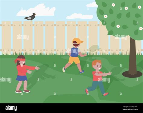 Children Playing Hide And Seek Game In The Garden Vector Illustration