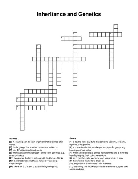 Inheritance And Genetics Crossword Puzzle