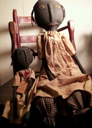 Pair Adorable Primitive Grungy Hand Crafted Black Mommy And Daughter Rag Dolls Primitive Dolls