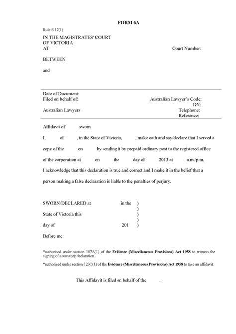 Corporate Australia Affidavit Declaration Of Service Form 6a