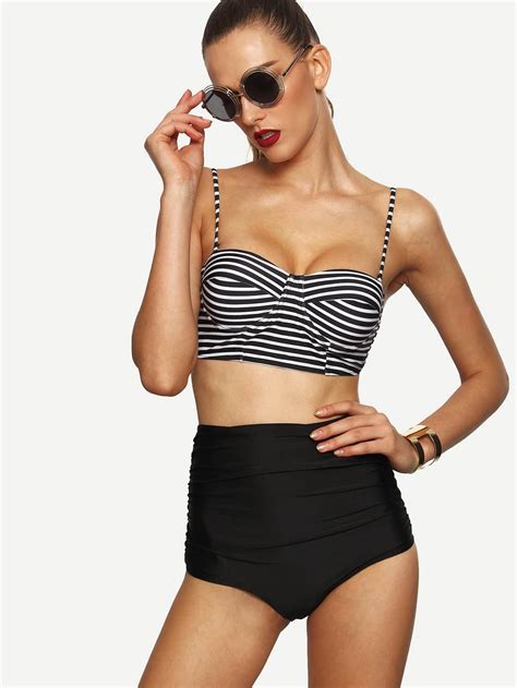 Black Striped Mix And Match Bustier Bikini Set SheIn Sheinside