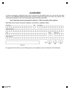 Fillable Online CLAIM FORM Tdbankoverdraftclassaction Fax Email