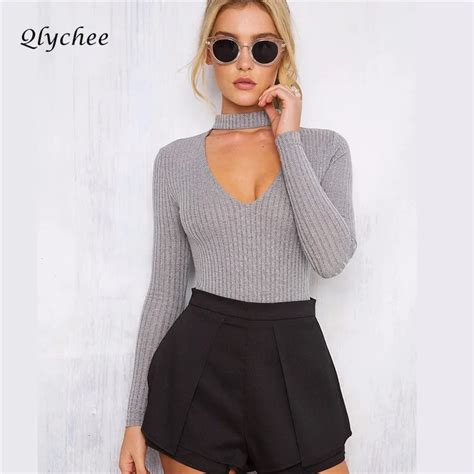 Qlychee 2017 Sexy Deep V Neck Choker Plunge Long Sleeve Ribbed