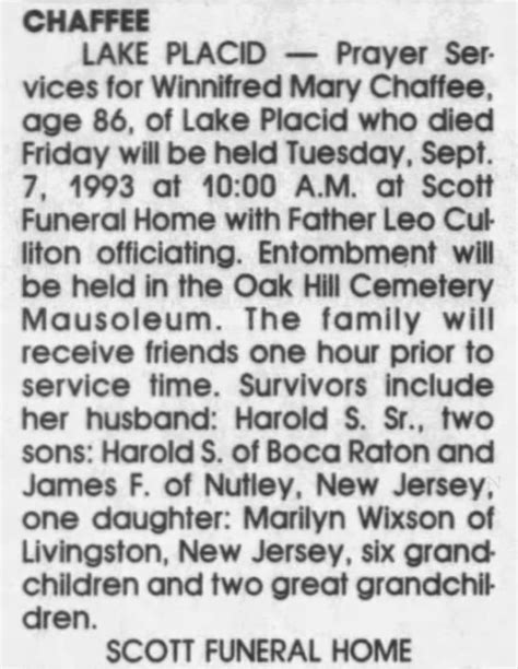 Obituary For Winnifred Mary Chaffee Aged 86