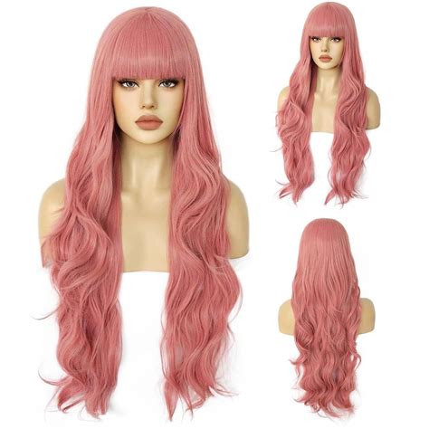 Anogol Hair Cap86cm34inch Pink Wig Pink Curly Wig For Anime Cosplay Women Long