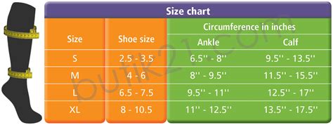 Size Chart Compression Socks