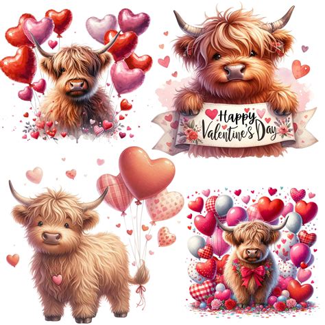 24 Valentines Day Highland Cows Clipart Bundle Valentines Day Cow Clip