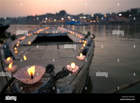 Lamps Or Diyas Lighted On Boat At Banks Of Holy Ganga River Varanasi