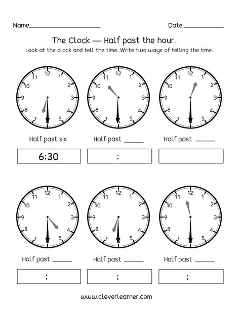 Telling Time Half Hour Worksheets