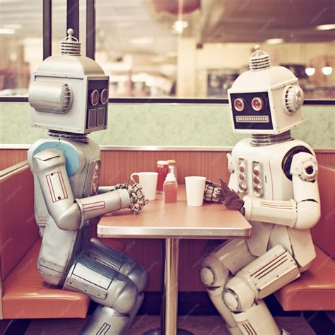 Premium Ai Image Robots Sitting At A Table In A Restaurant With A Cup