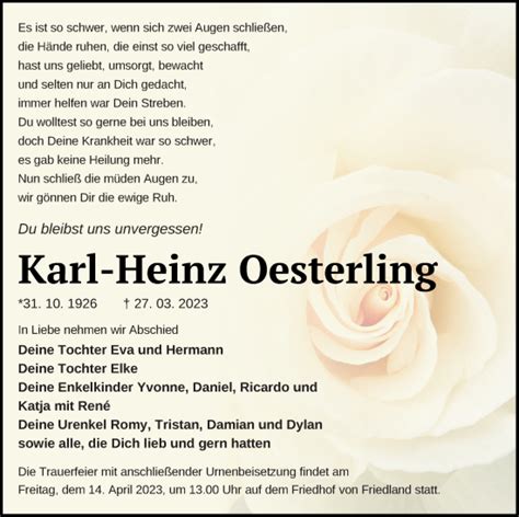 Traueranzeigen Von Karl Heinz Oesterling Trauer Nordkurier