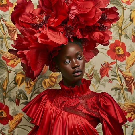 Premium Photo A Woman Wearing A Red Hat With Flowers On It