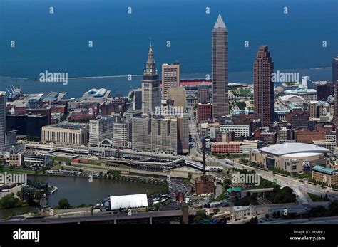 Aerial View Above Downtown Cleveland Ohio Cuyahoga River Lake Erie