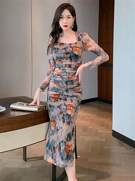 2023 Spring Midi Dresses For Women Elegant Vintage Sexy Print Floral Mesh Folds Bodycon Slit