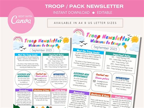 Troop Newsletter Template Girl Scout Newsletter Cub Scout Etsy