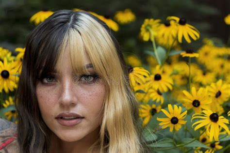 A Lovely Brunette Model Poses In A Field Of Yellow Flowers While