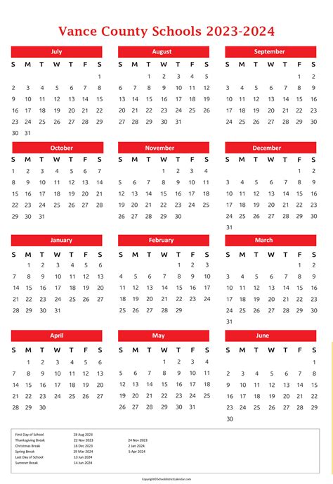 Vance County Schools Calendar Holidays 2023-2024