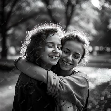 Premium Photo Two Girls Hugging Each Other With One Being Hugging