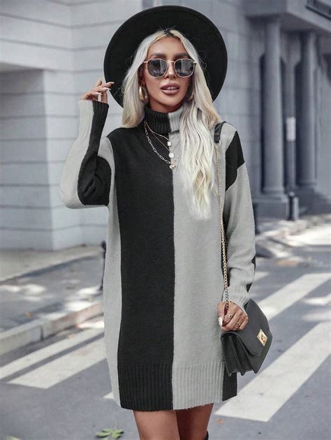 Two Tone Turtleneck Drop Shoulder Sweater Dress SHEIN USA