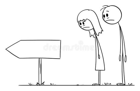 Man And Woman Looking Frustrated At Empty Arrow Sign Vector Cartoon Stick Figure Illustration