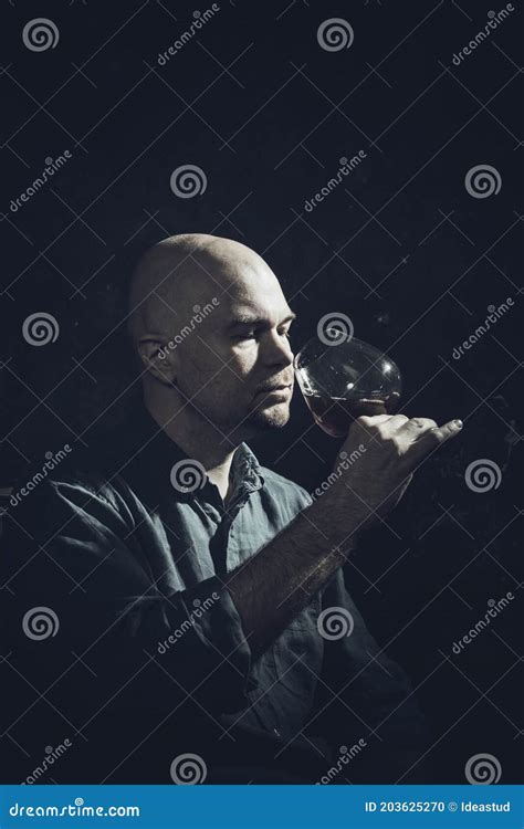 Solid Bald Man in Shirt with Glass of Whisky Stock Photo - Image of ...