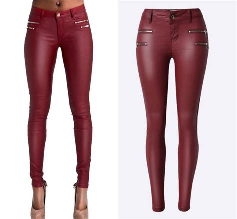 Cintura baixa PU Calças De Couro Das Mulheres Duplo Zíper Jeans Skinny