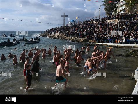 Piraeus Athens Greece January Swimmers Try To Catch A