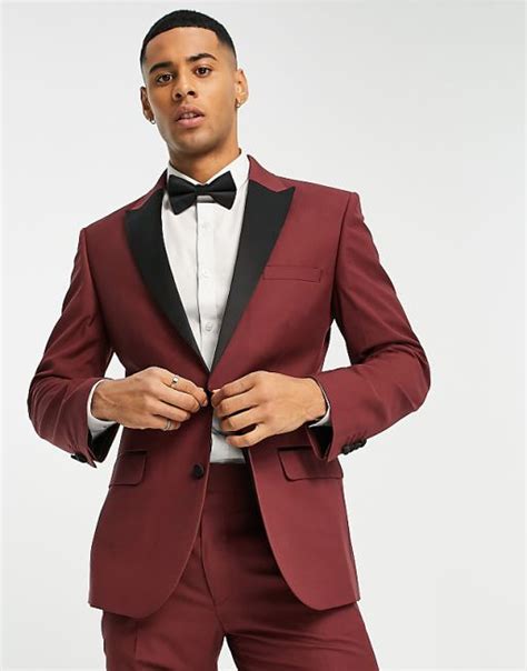 Asos Design Skinny Tuxedo Suit Jacket In Burgundy Asos