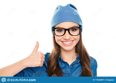 Portrait Of Smiling Hipster Woman In Glasses Showing Thumb Up Stock