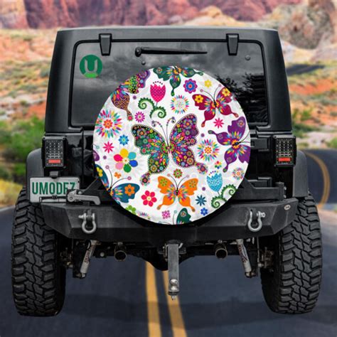 Mosaic Butterflies With Tropical Flowers Spring Spare Tire Cover Jeep