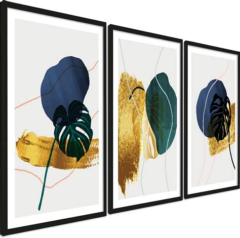 Set Of 3 Abstract Wall Art Prints Living Room Bedroom Art Gold Blue