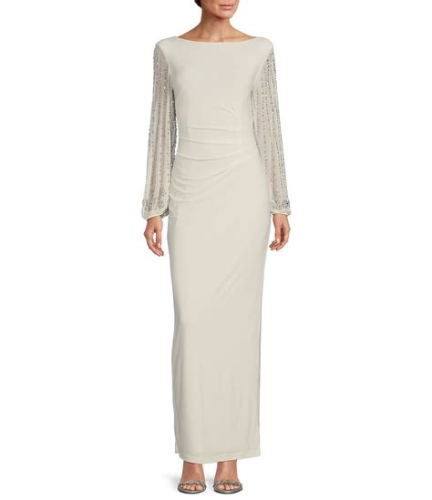 Marina Boat Neck Long Beaded Elastic Cuff Sleeve Matte Jersey Back Slit Sheath Gown Dillards