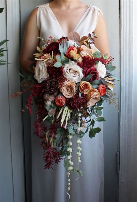 Light Rust Ivory Burgundy Wedding Bouquet Cascading Bouquet Fall