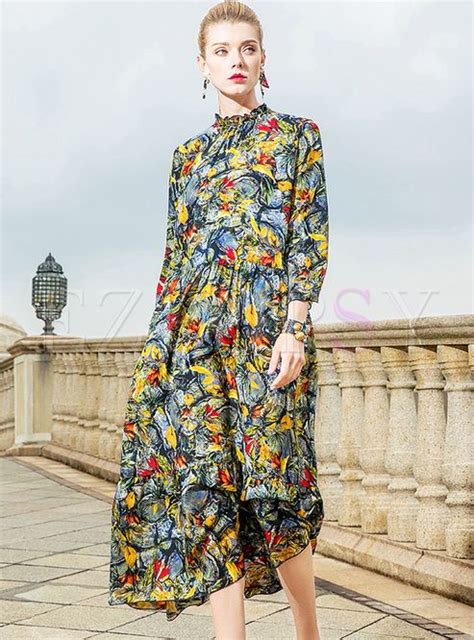 Chic Floral Print Falbala Collar Maxi Dress