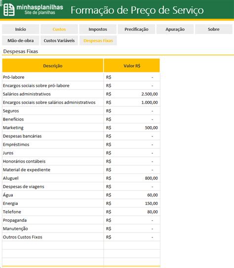 Planilha Formação De Preços De Serviços Em Excel Minhas Planilhas