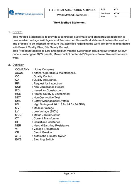 Work Method Statement Switchgear Transformer Pdf Transformer Switch